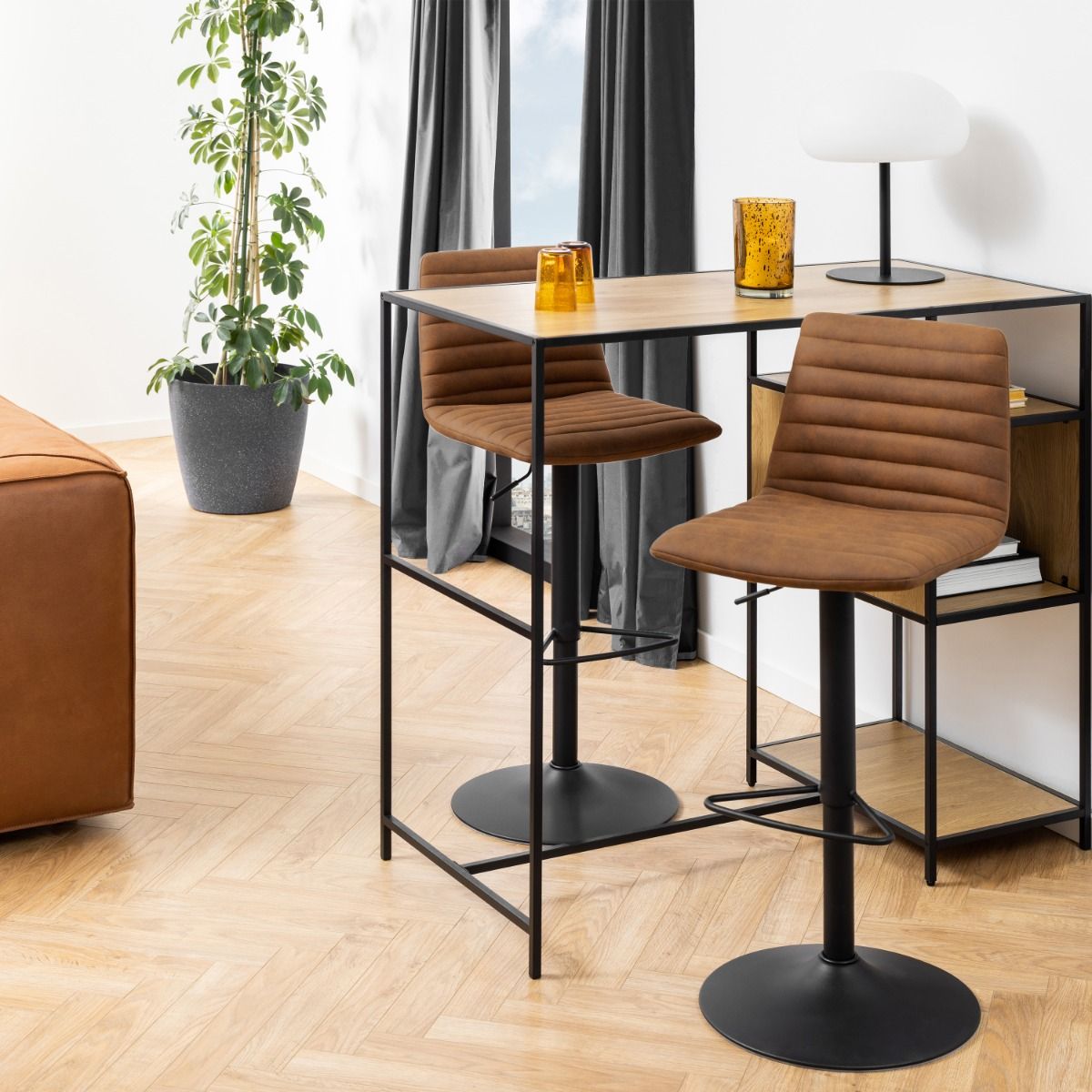 Kimmy Bar Stool in Brown Fabric Set of 2